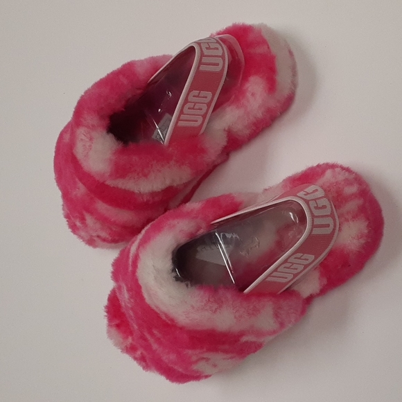 LAST CALL! UGG Youth Fluff Yeah Slide Slipper Pink/White Sz 1 - Picture 2 of 7